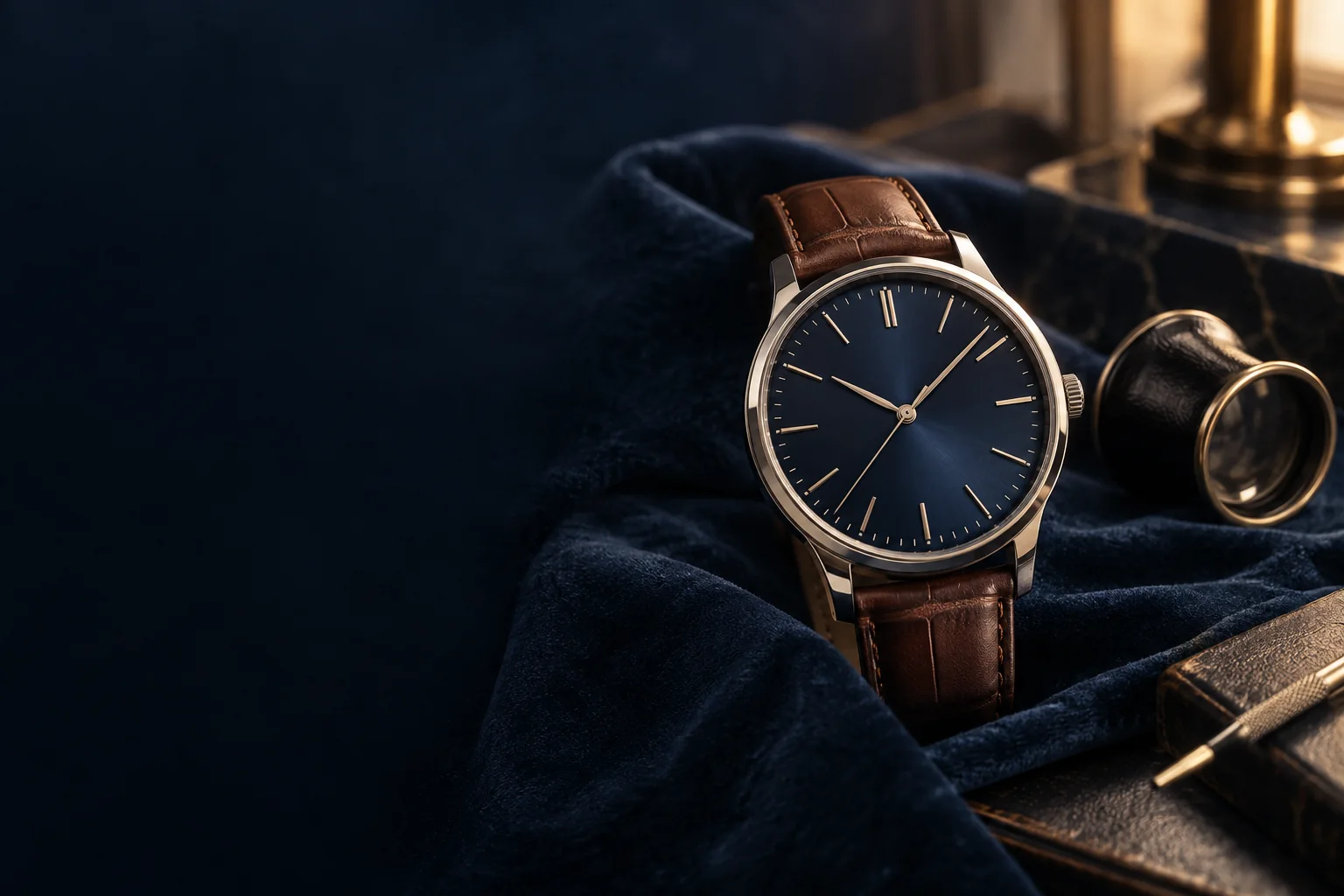 Illustration d’ambiance : montre sans marque sur velours bleu nuit