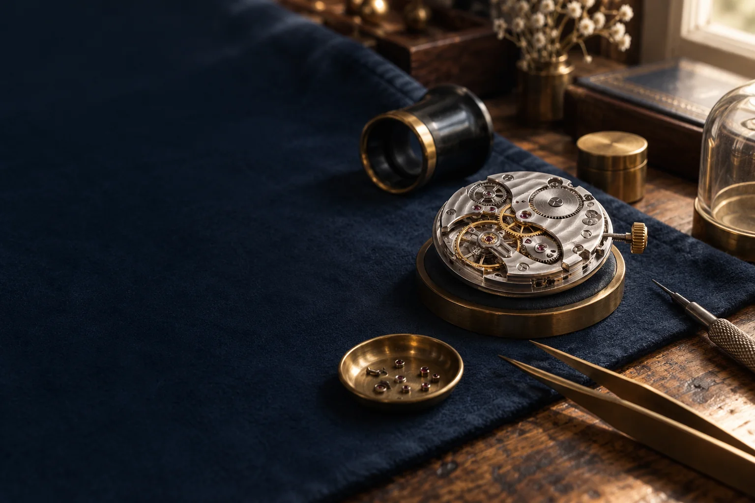 Mécanisme horloger sur un établi, illustration éditoriale