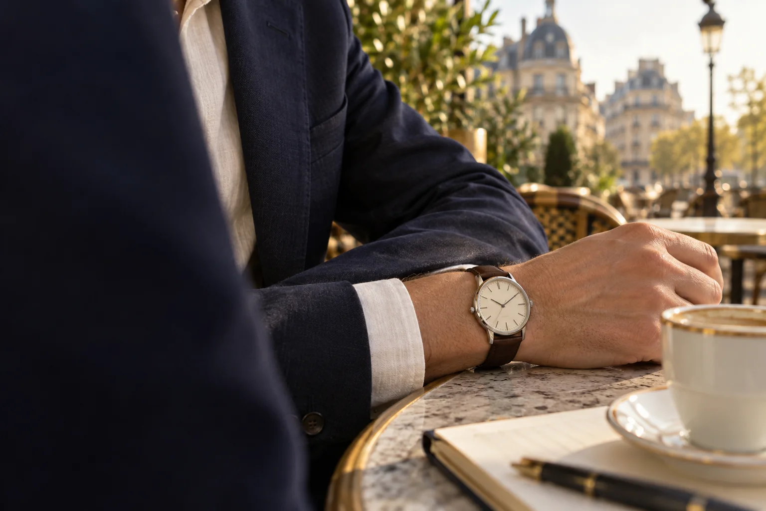 Montre générique portée avec une veste bleue, illustration éditoriale